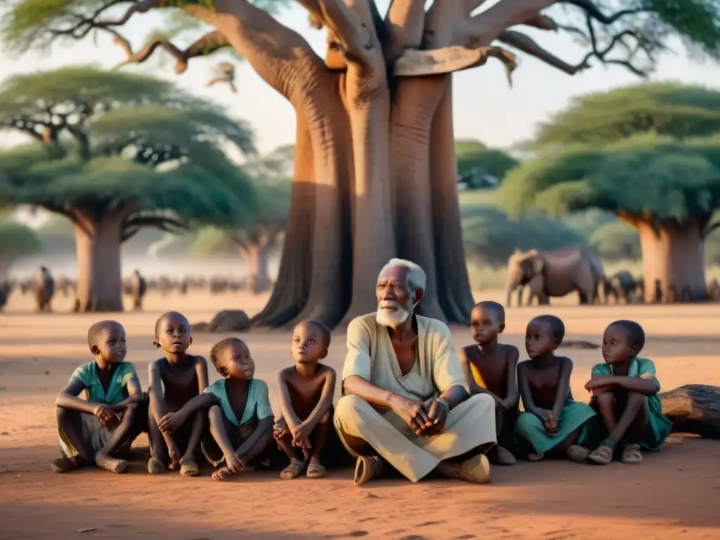 Un anciano griot cuenta historias a niños bajo un baobab centenario al atardecer, preservando la historia griots de África con su relato oral