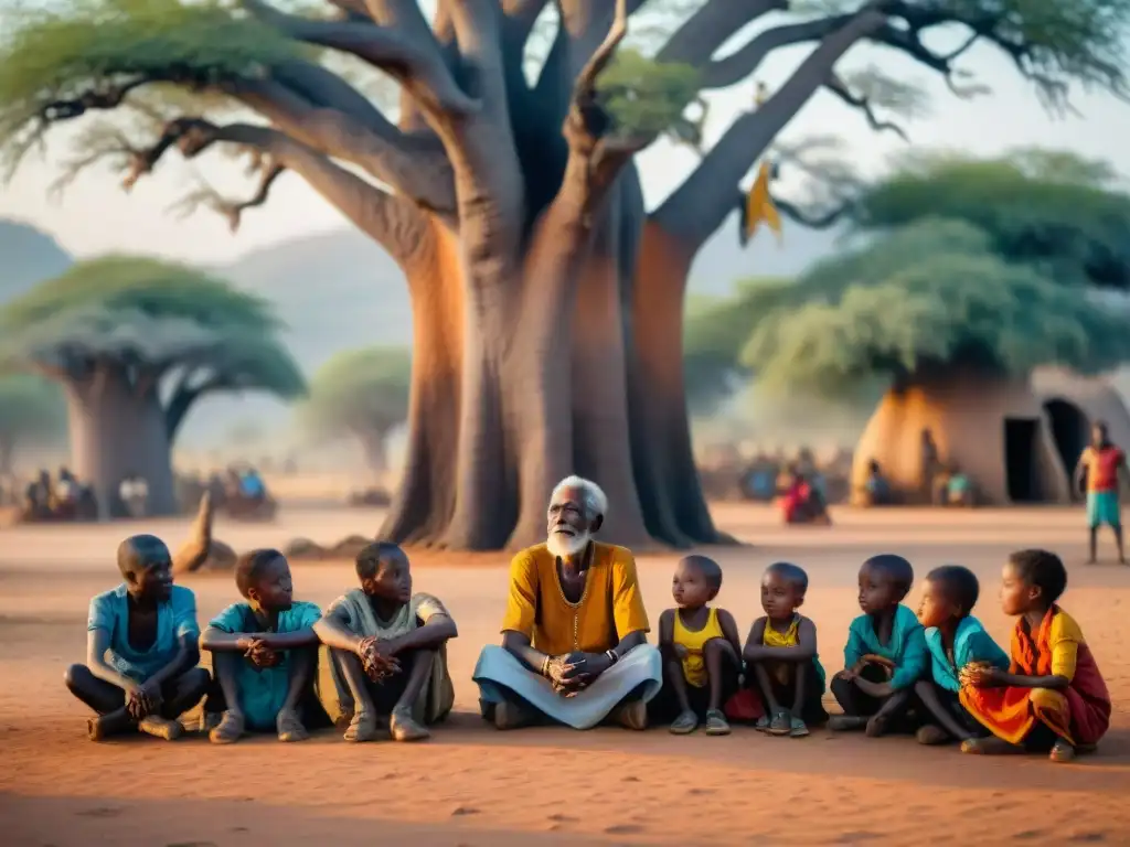 Un anciano griot con rasgos envejecidos y una expresión sabia, bajo un baobab, recitando cuentos ancestrales a niños en una aldea africana