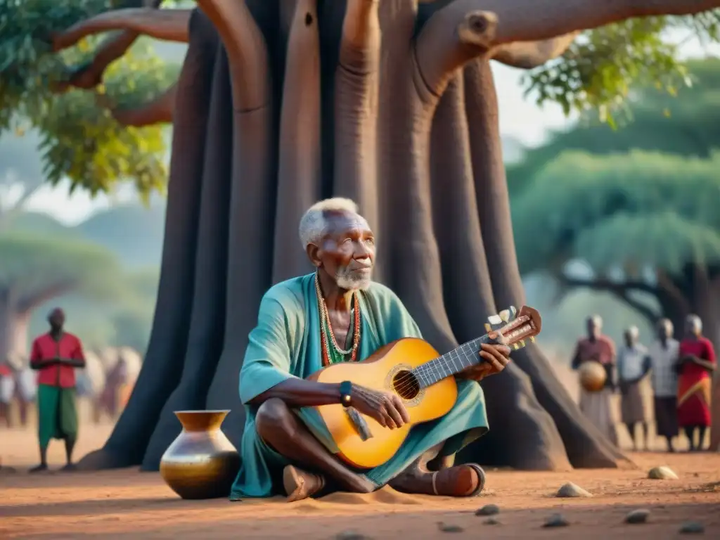 Un anciano griot con el rostro envejecido, decorado con marcas tribales, se sienta bajo la sombra de un árbol baobab, rodeado de oyentes de todas las edades