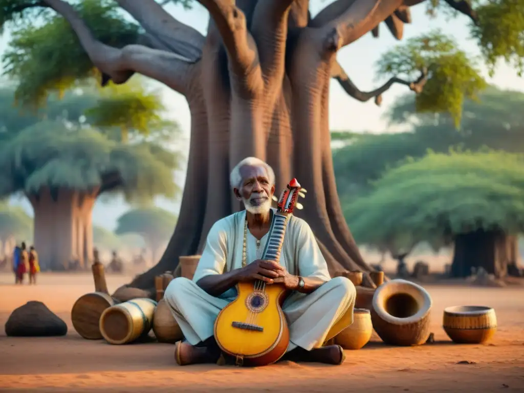 Un anciano griot bajo la sombra de un baobab, rodeado de instrumentos musicales tradicionales africanos