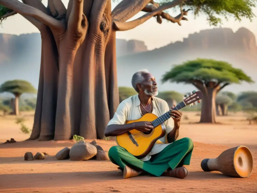 Un anciano griot tocando la kora bajo la sombra de un baobab, cautivando a su audiencia con historias africanas