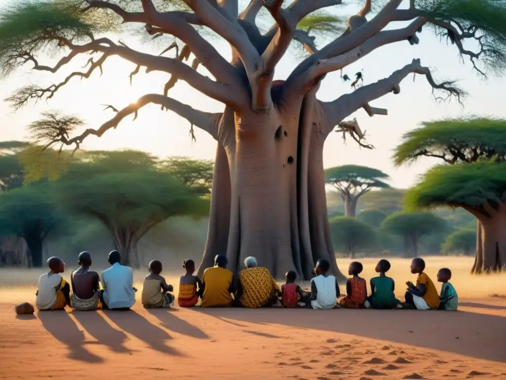 Un anciano griot bajo la sombra de un baobab, tocando la kora para niños atentos en la sabana africana al atardecer