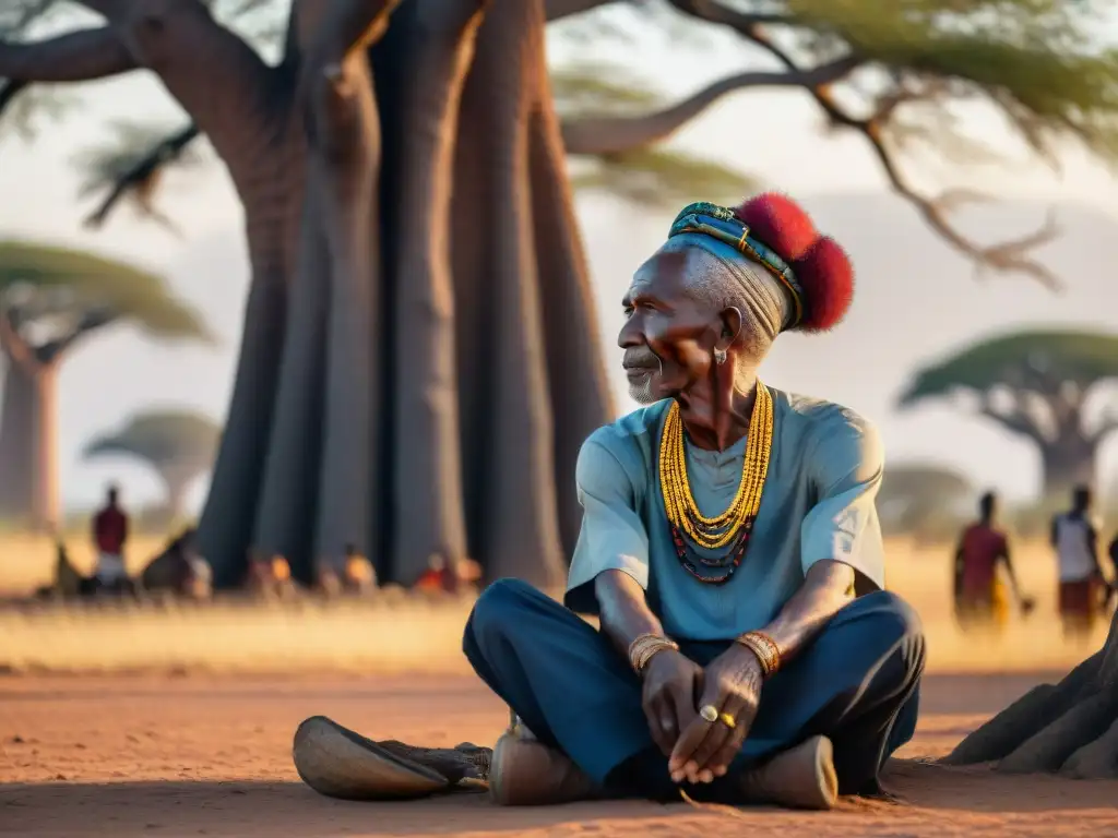 Un anciano griot con trenzas adornadas de cuentas, contando historias bajo un baobab al atardecer en África