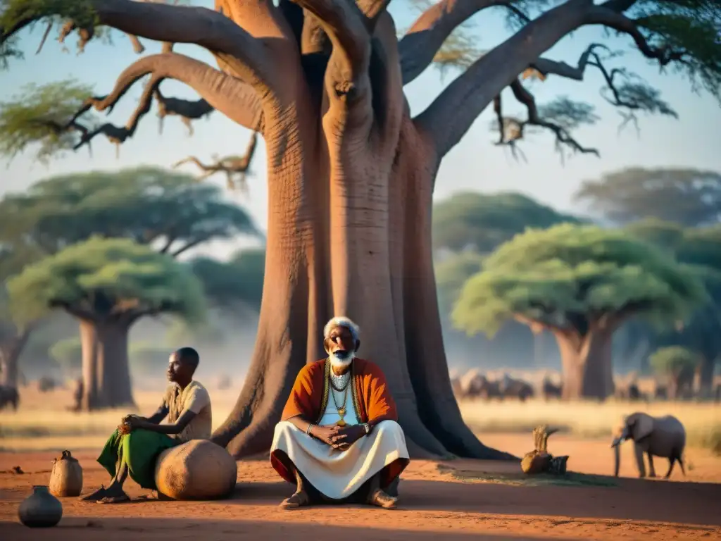 Un anciano griot vestido con atuendo africano tradicional, cuenta historias bajo un baobab