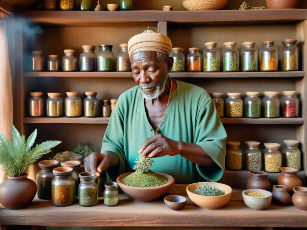 Un anciano herborista africano prepara medicina tradicional africana siglo XXI en su tienda rústica, rodeado de hierbas y raíces coloridas