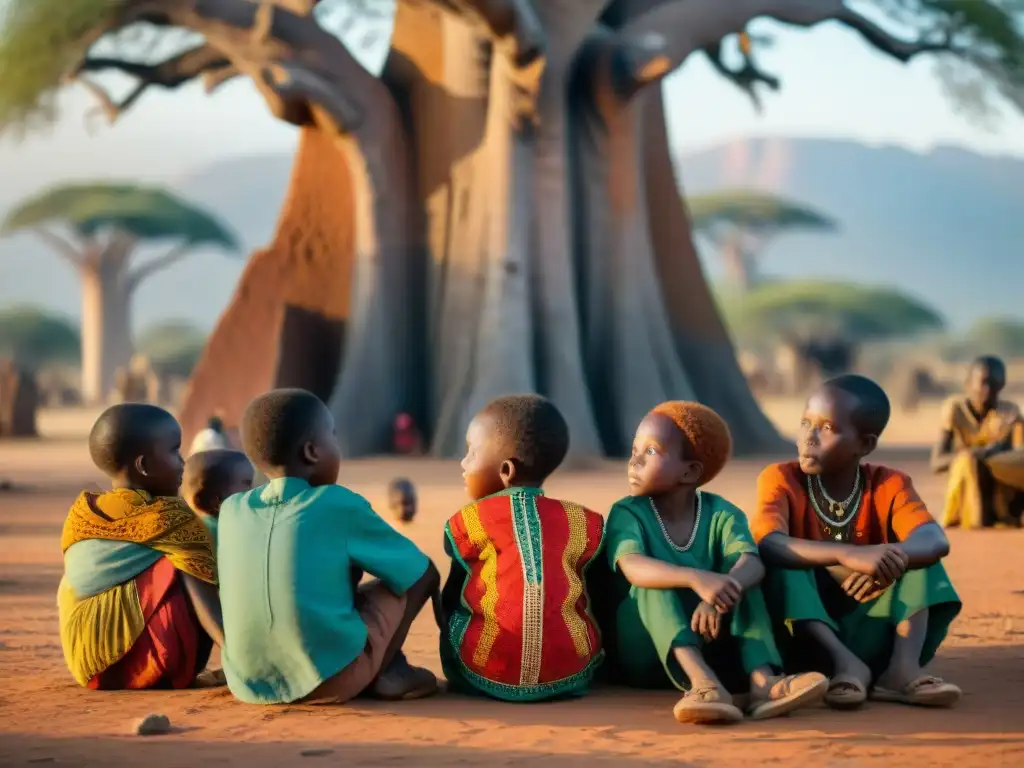 Un anciano cuenta historias africanas a niños bajo un baobab