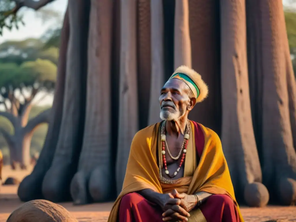 Un anciano griot recita historias bajo un baobab al atardecer, preservando la historia griots África oralmente