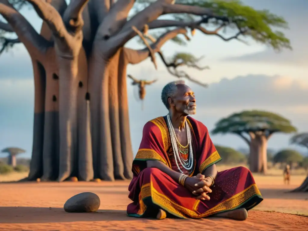 Un anciano griot, contando historias bajo un baobab, cautiva a su audiencia