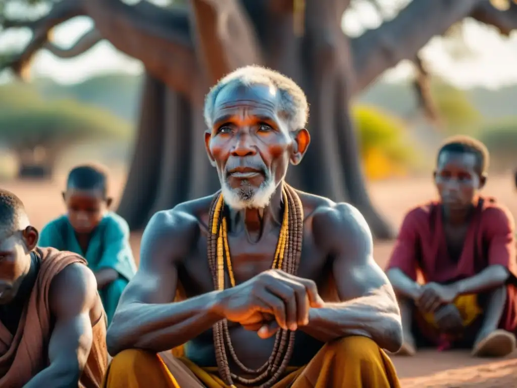 Un anciano griot narra historias bajo un baobab a niños atentos al atardecer en África, preservación oral de la cultura