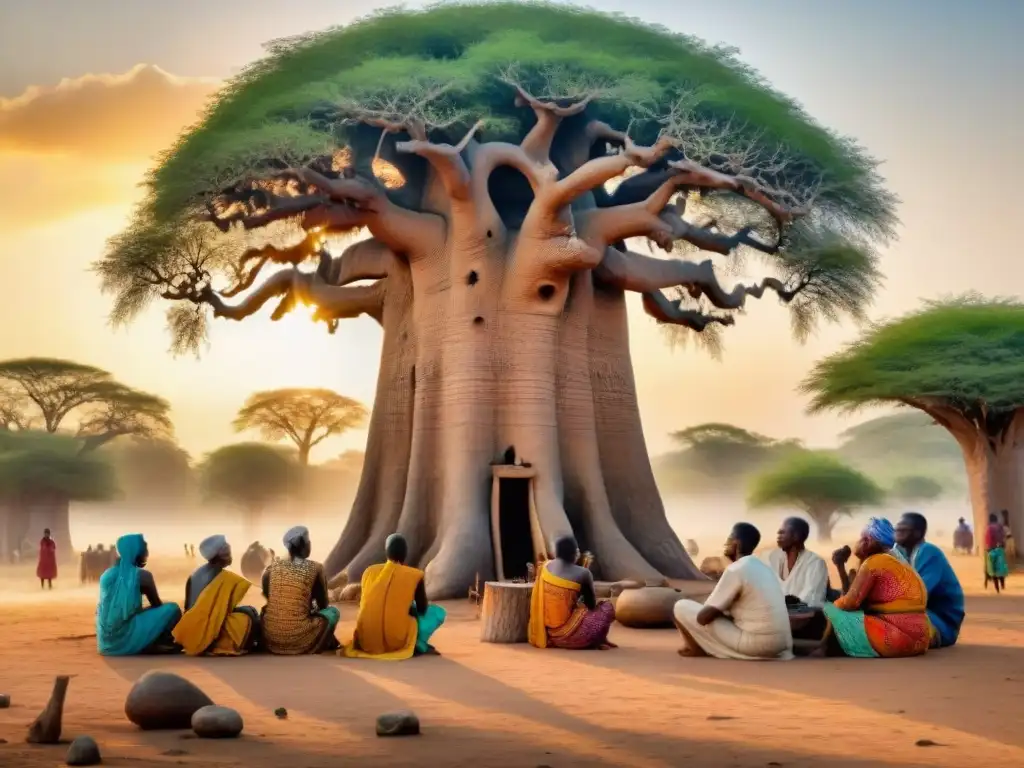 Un anciano cuenta historias y fábulas en África bajo un baobab, rodeado de niños atentos al atardecer