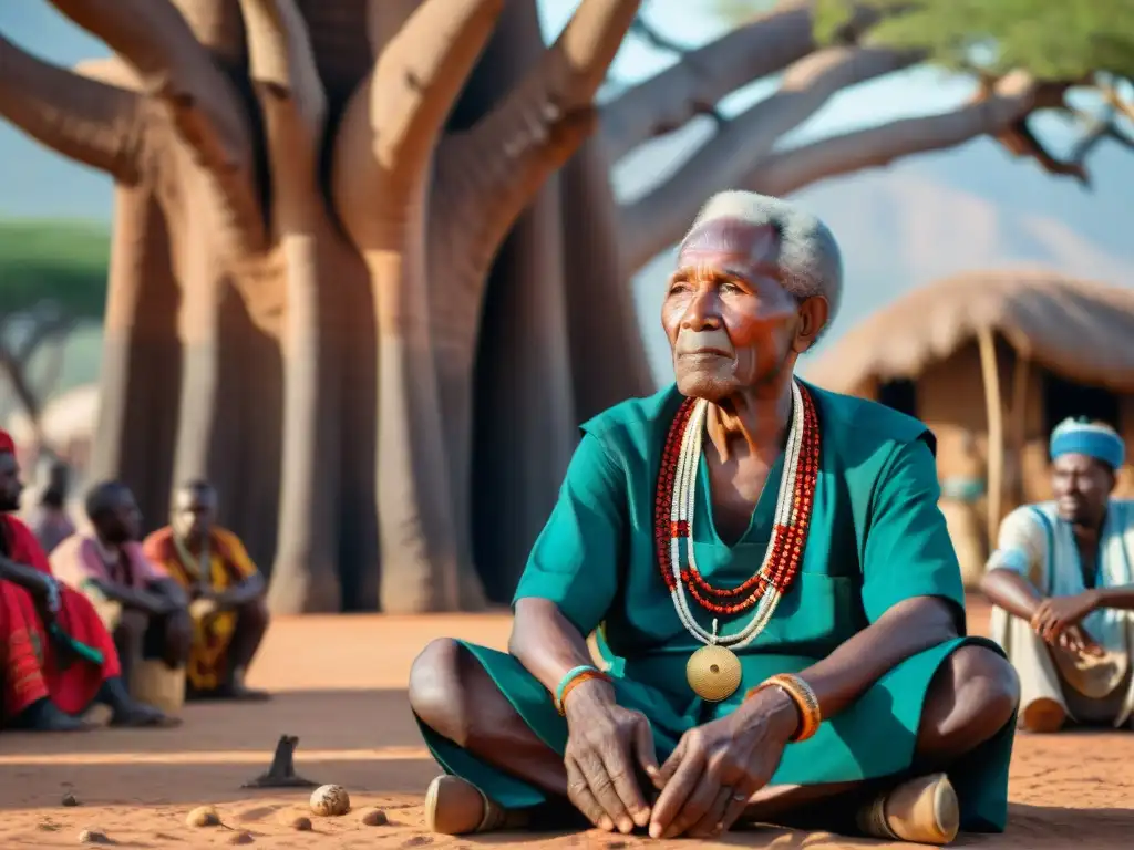 Un anciano jefe tribal africano viste atuendo tradicional, dialoga con emprendedor africano en entorno de mercado vibrante