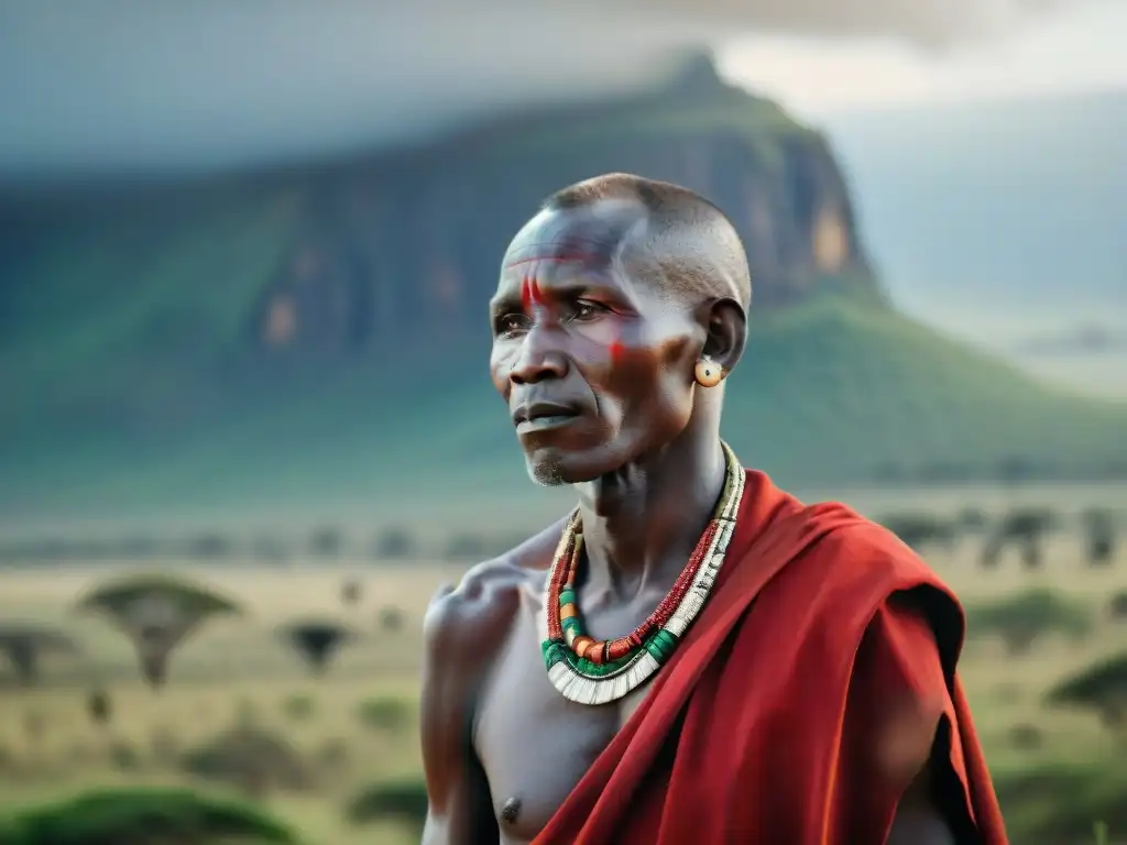 Un anciano Maasai en su atuendo tradicional, reflejando sabiduría y resistencia en armonía con la naturaleza africana