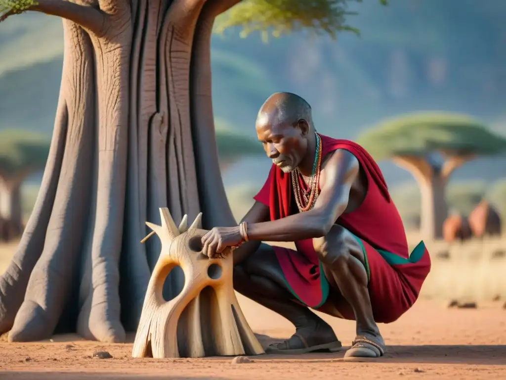 Un anciano maasai esculpe artesanalmente una figura de madera bajo un baobab en la sabana africana al atardecer