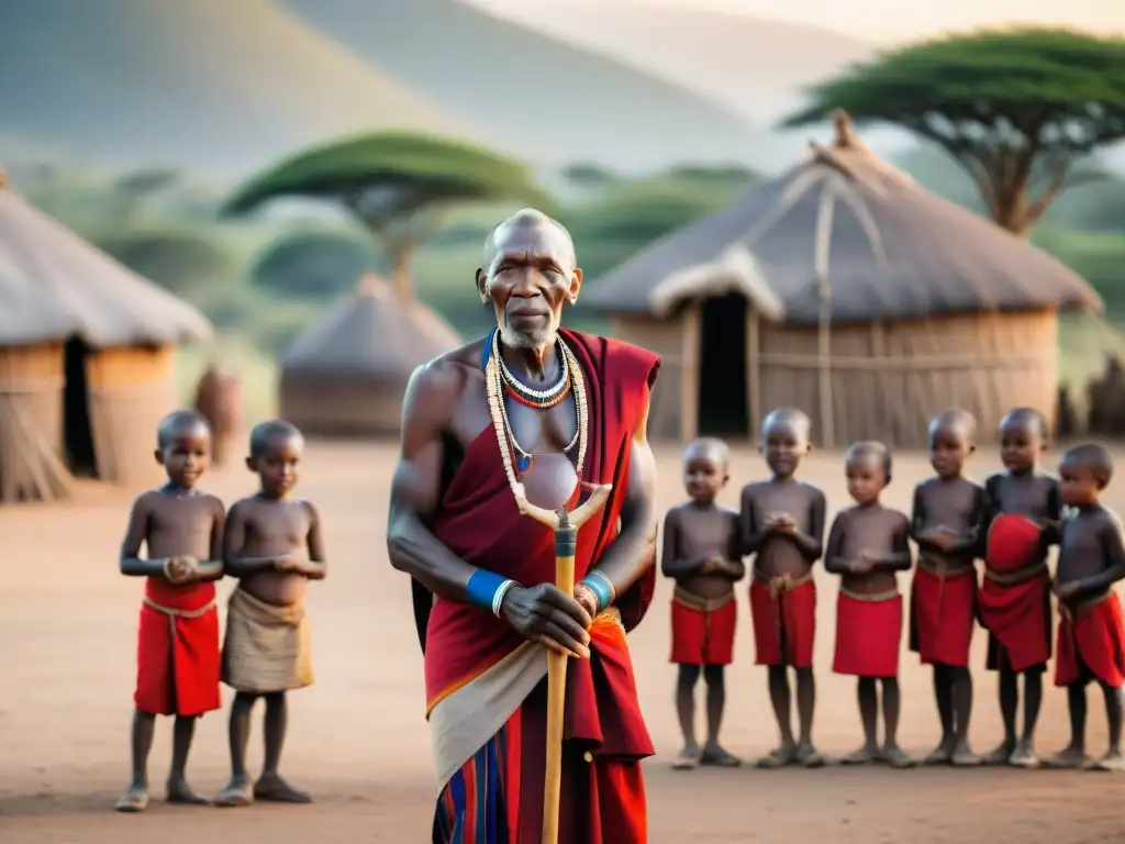 Un anciano Maasai comparte historias ancestrales con niños en una aldea africana, resaltando la Preservación del Patrimonio Africano