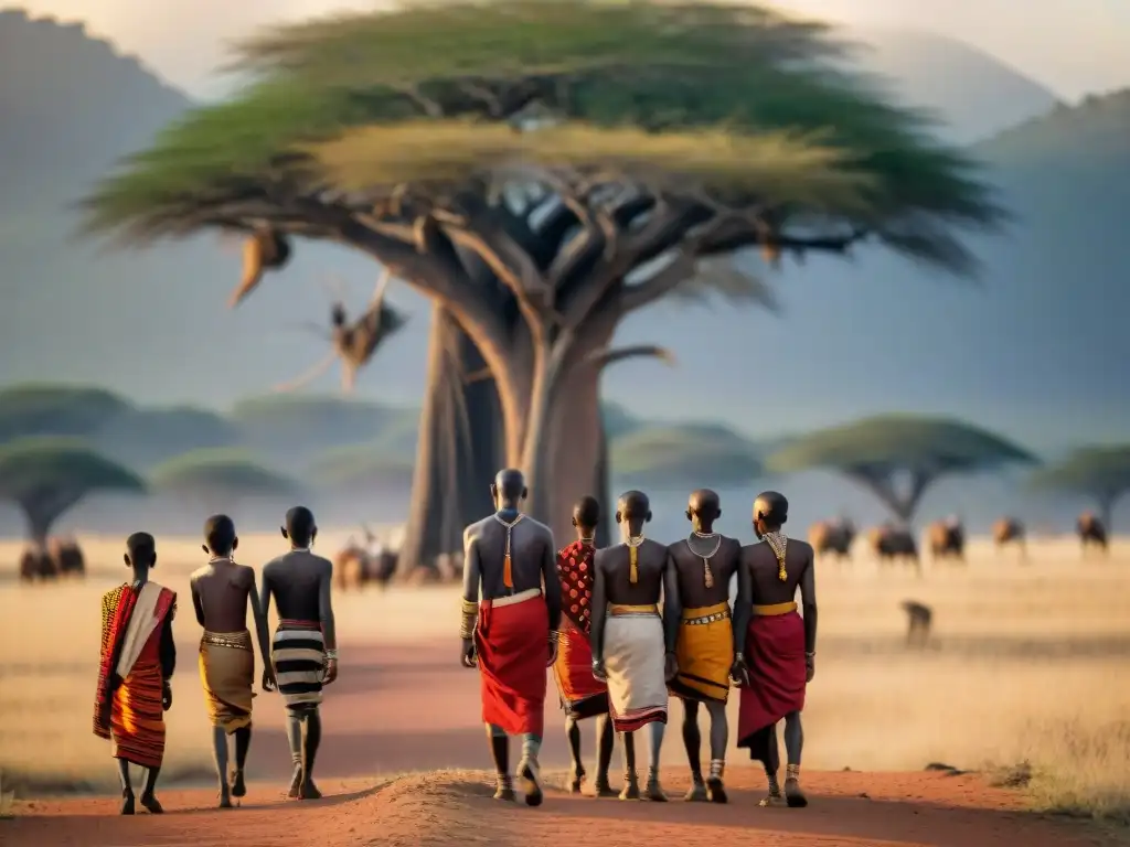 Un anciano Maasai guía a jóvenes en ceremonia de paso en la sabana africana al atardecer, resaltando la tradición