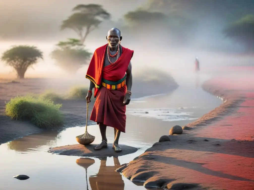 Un anciano maasai realiza un ritual de purificación al amanecer en un río, con la luz del sol iluminando la neblina