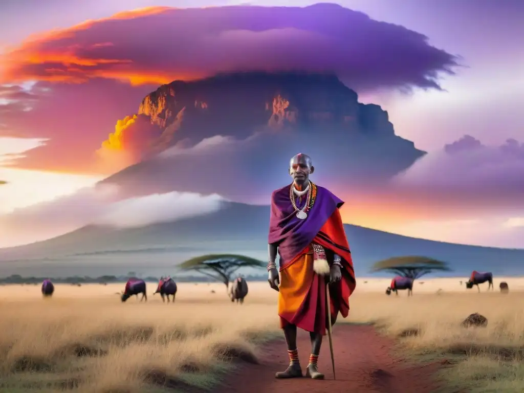 Un anciano Maasai en la sabana, atardecer colorido