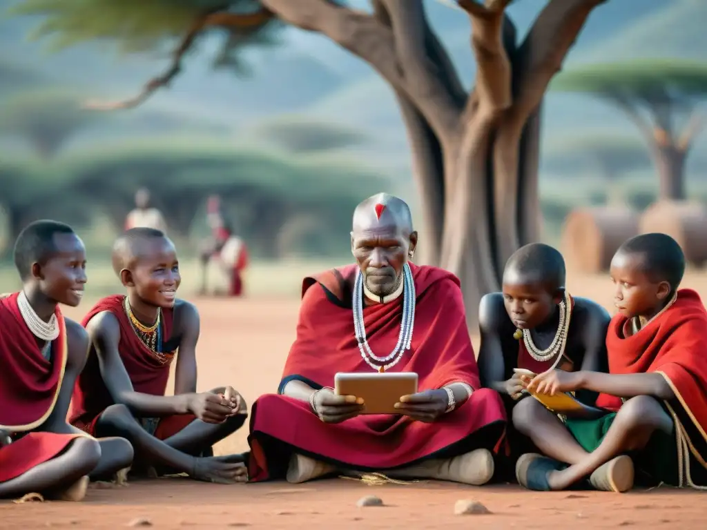 Un anciano Maasai comparte sabiduría ancestral y tecnología con niños, fusionando prácticas ancestrales en educación innovadora