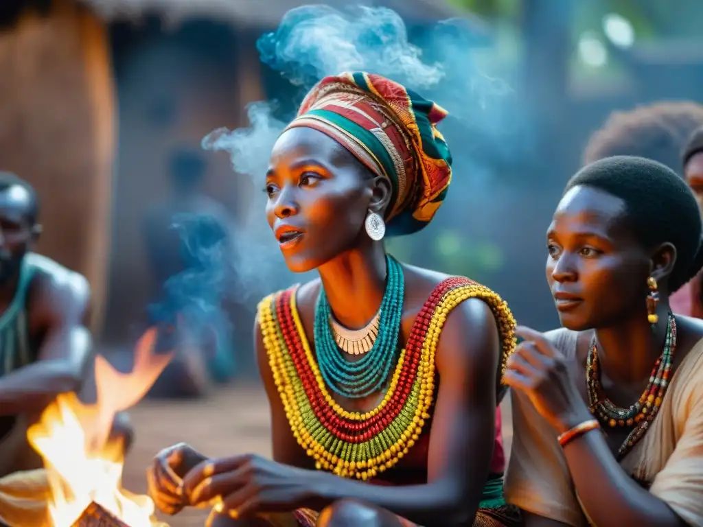 Un anciano narrador africano cautiva a su audiencia con mitos y leyendas africanas alrededor de una fogata iluminada