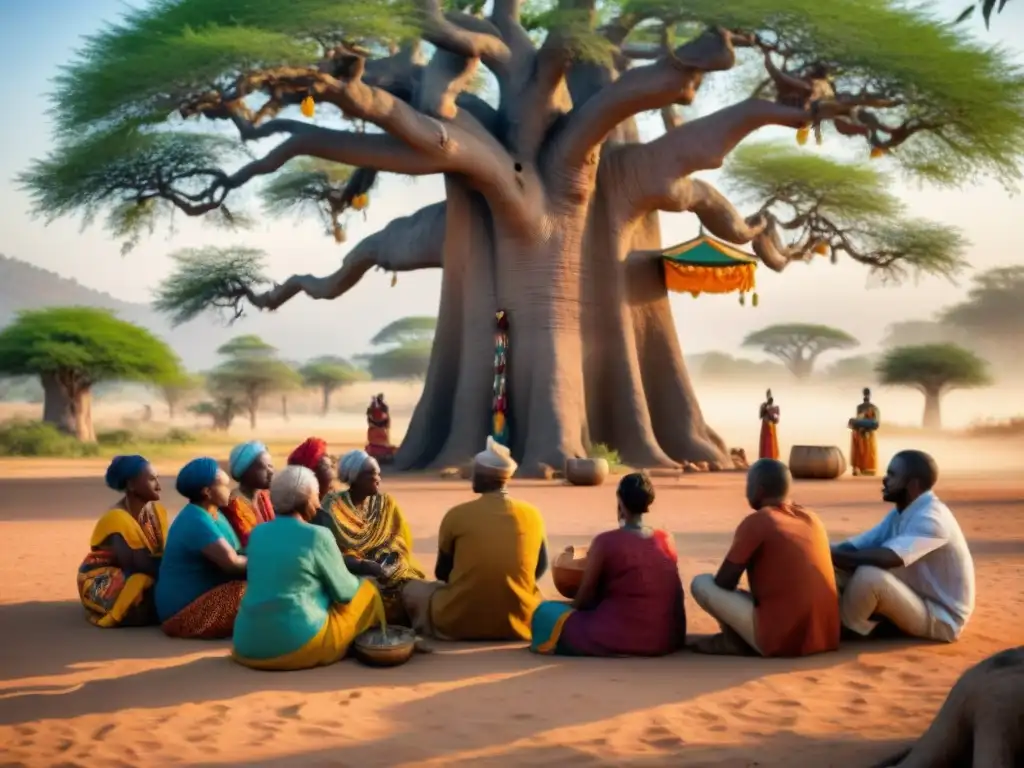 Un anciano narrador africano bajo un baobab, cautivando a su audiencia diversa con cuentos tradicionales