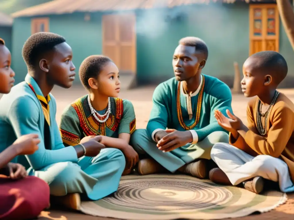 Un anciano narrador africano cuenta historias alegres a niños diversos al aire libre, rodeado de artefactos y telas africanas coloridas