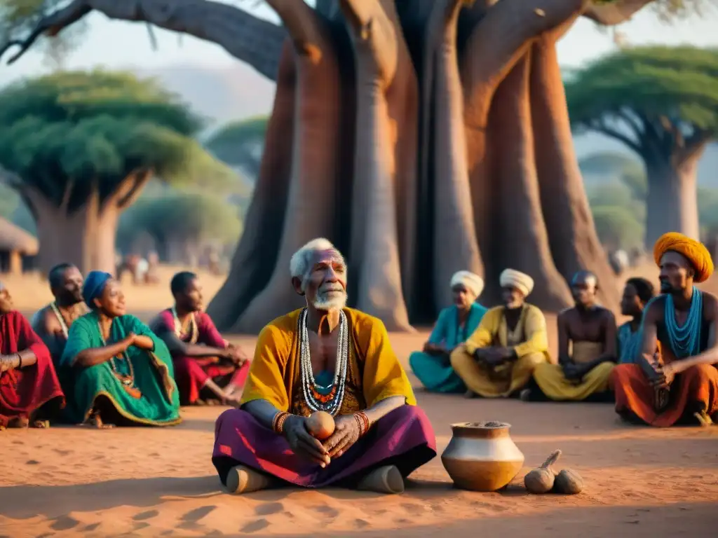 Un anciano narrador africano comparte historias y fábulas en África bajo un baobab, rodeado de una audiencia diversa al atardecer