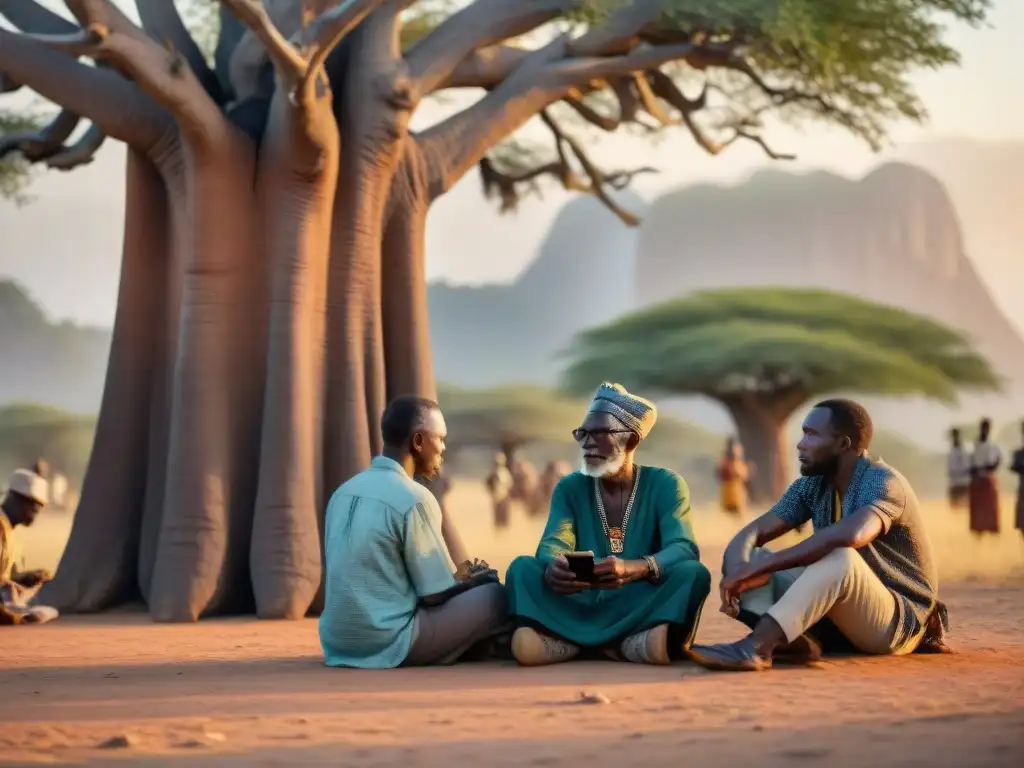 Un anciano narrador africano relata historias bajo un baobab a un grupo diverso de jóvenes atentos, mezclando tradición oral africanas medios modernos