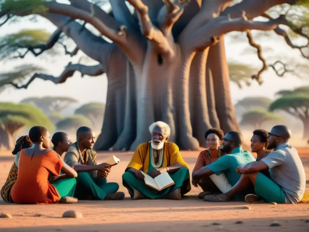 Un anciano narrador africano comparte historias con periodistas bajo un baobab al atardecer