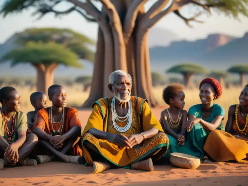 La sabiduría ancestral bajo el baobab: cuentacuentos africanos Un anciano narrador africano cuenta historias bajo un baobab, niños atentos
