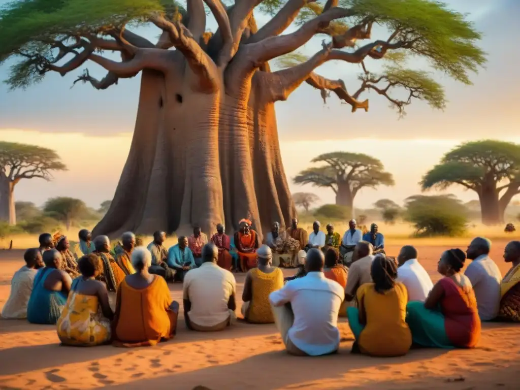 Un anciano narrador africano relata mitos bajo un baobab centenario, rodeado de oyentes de todas las edades, en una atmósfera mágica al atardecer