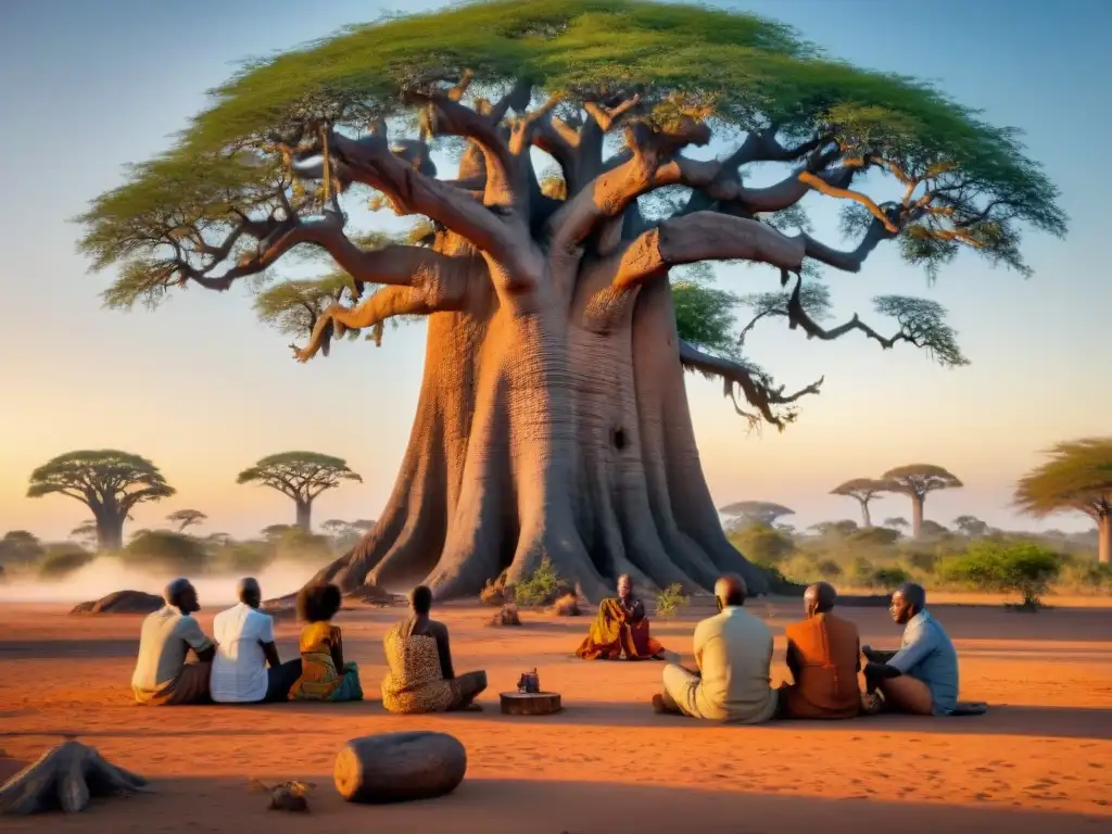 Un anciano narrador de cuentos africanos bajo un baobab, cautivando a su audiencia con mitos y leyendas africanas educación