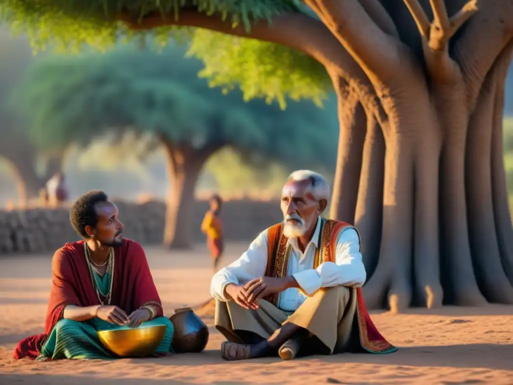 Un anciano narrador etíope cuenta historias bajo un acacia, rodeado de niños atentos al atardecer