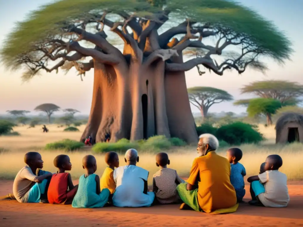 Un anciano narrador de historias africanas cautiva a niños bajo un baobab al atardecer