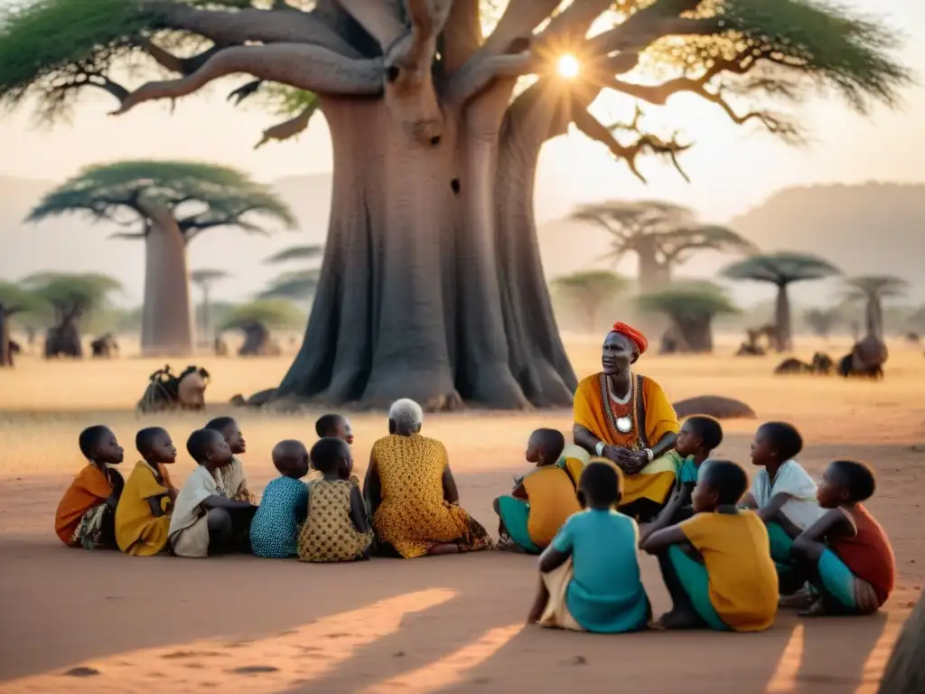 Un anciano narrador de historias africanas bajo un baobab, cautiva a niños de todas las edades con relatos de antiguas civilizaciones