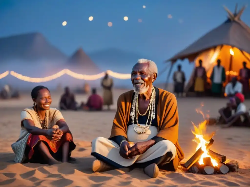 Un anciano narrador de historias africanas, bajo un cielo estrellado, cautiva a un grupo diverso de oyentes