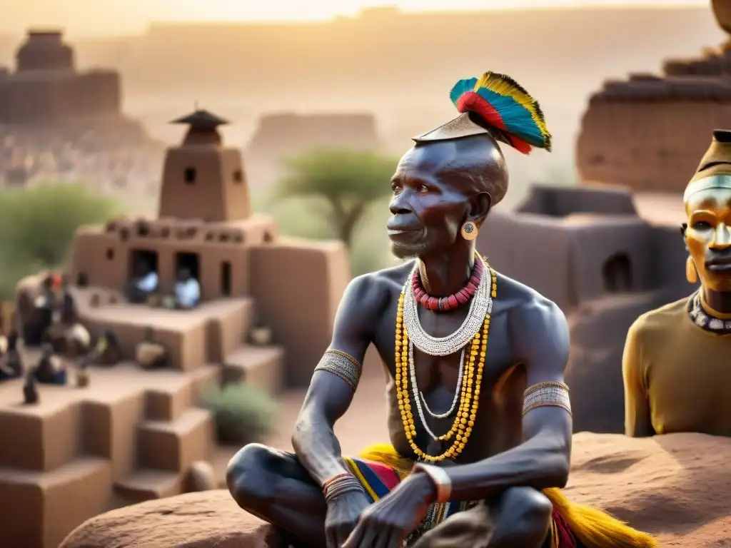 Un anciano Dogon realizando un ritual tradicional en las creencias religiosas africanas, con máscaras y estructuras de barro al fondo al atardecer