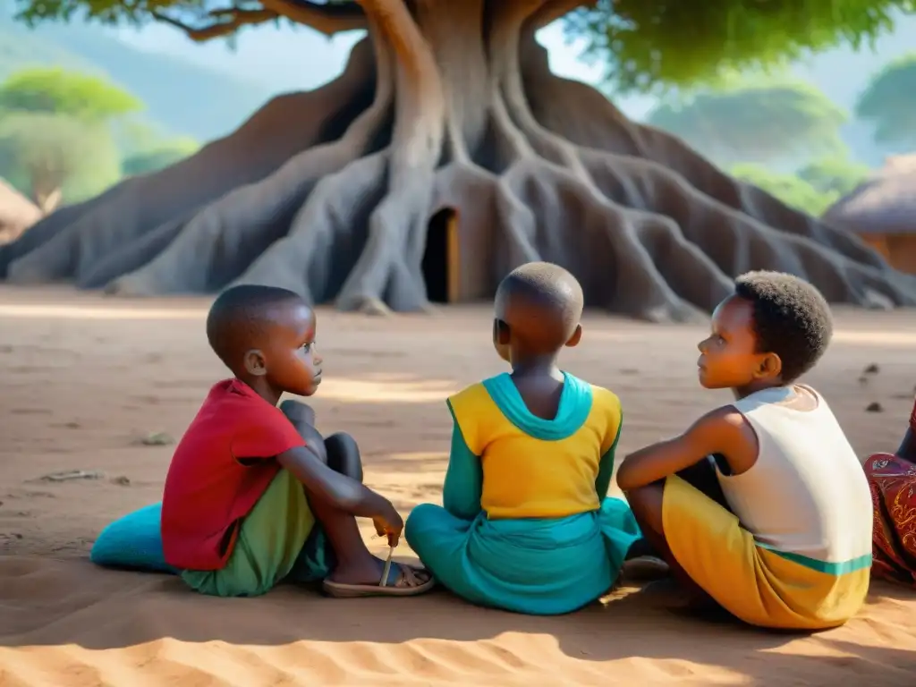 Un anciano comparte sabiduría con niños africanos bajo un árbol