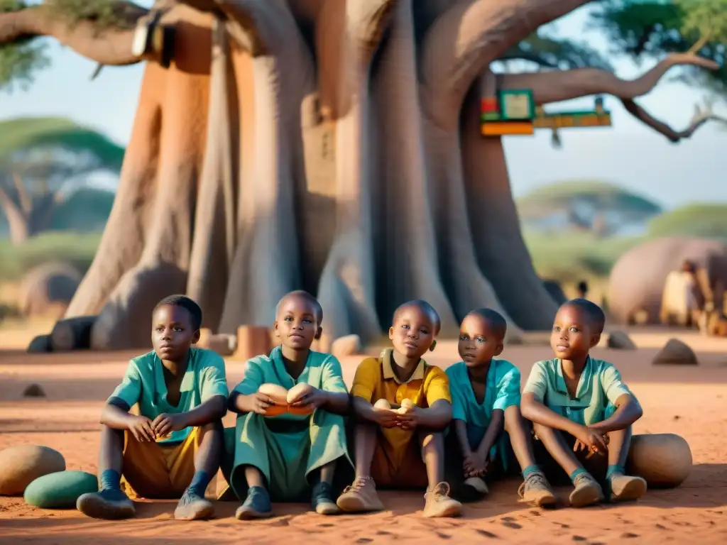 Un anciano comparte sabiduría con niños bajo un baobab en África, fusionando métodos educativos tradicionales en África