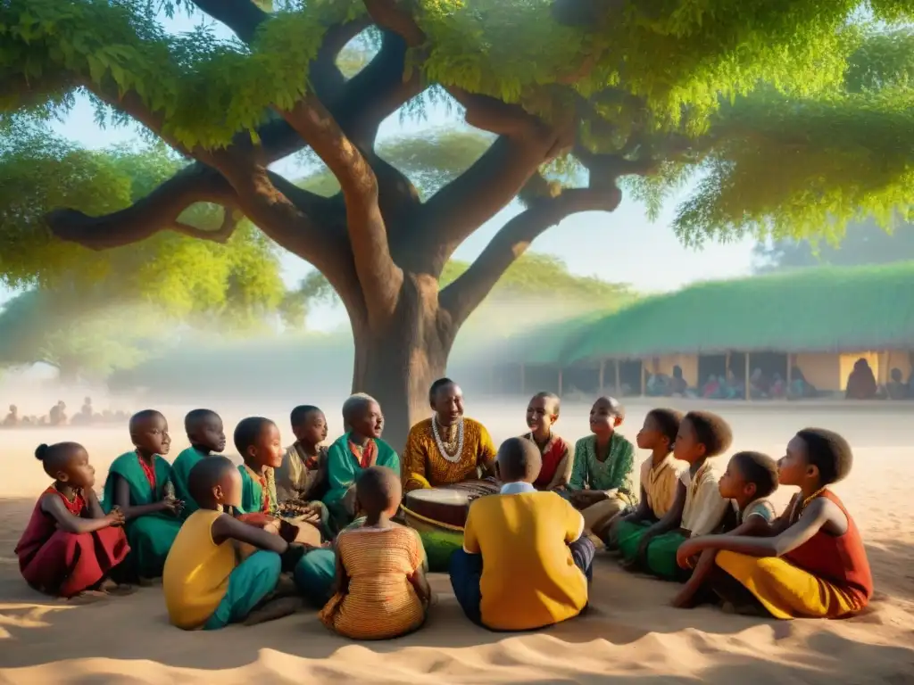 Un anciano sabio enseña música educativa en civilizaciones africanas a niños bajo un árbol centenario