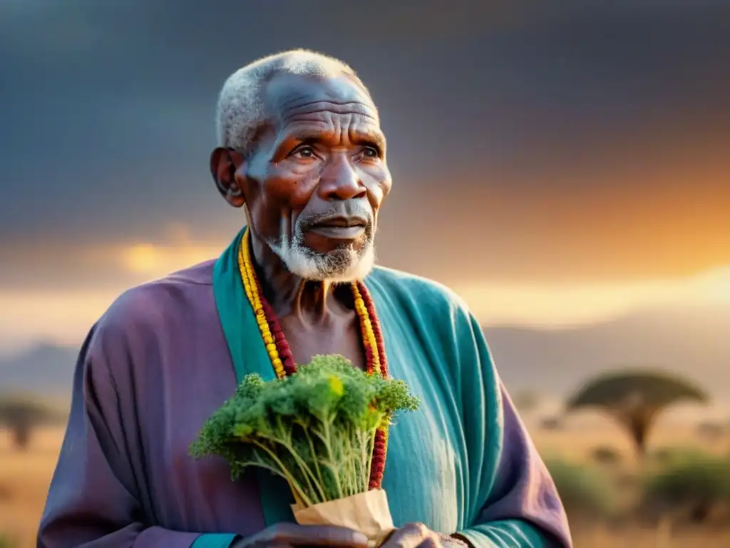 Un anciano sabio de África comparte la medicina tradicional africana con un grupo diverso bajo el sol poniente