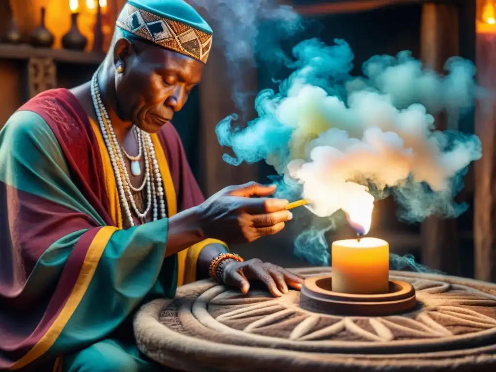 Un anciano sabio interpreta signos con herramienta de adivinación en prácticas espirituales africanas, rodeado de humo y luz de velas