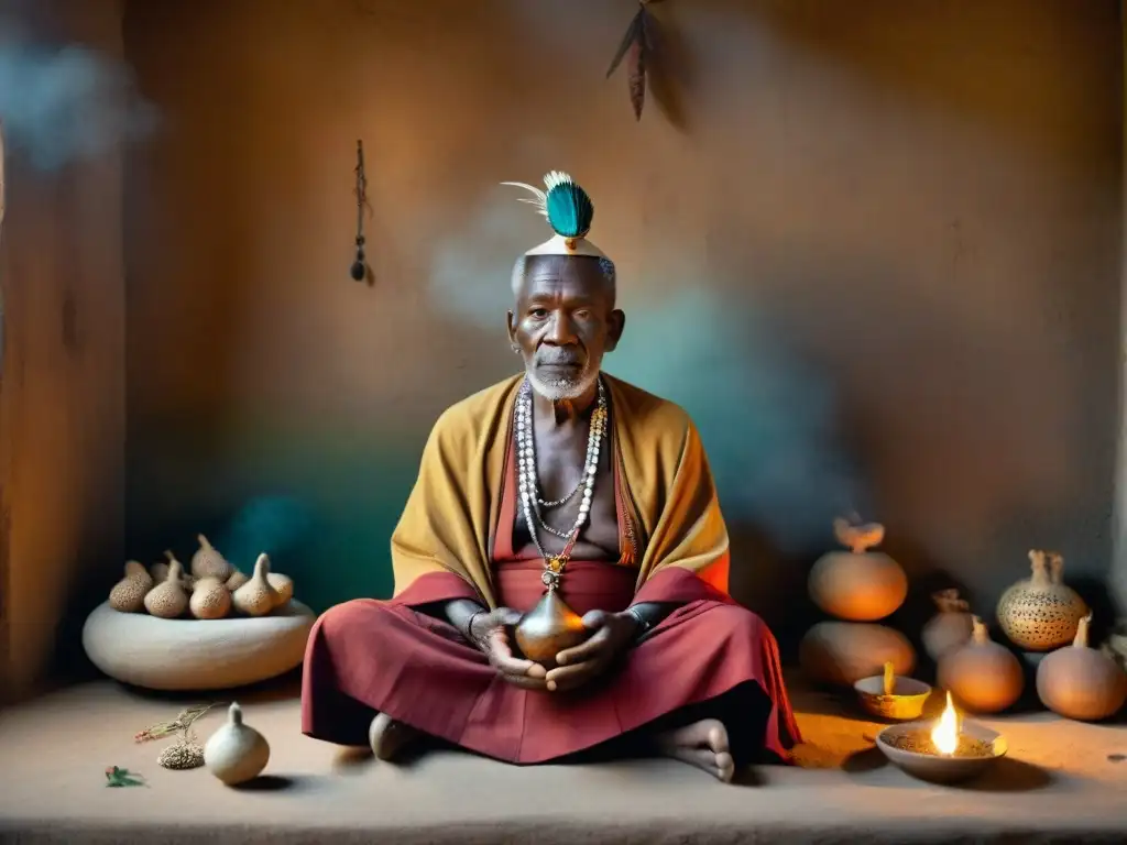 Anciano sacerdote Yoruba en sala llena de hierbas secas y artefactos, concentrado con concha y pluma