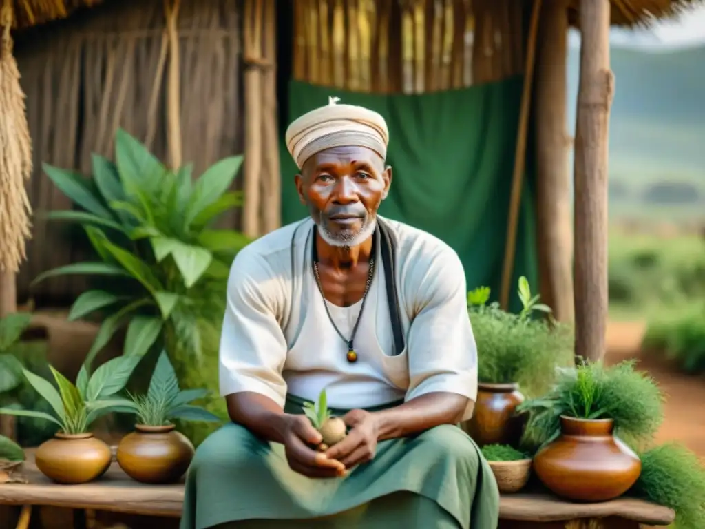 Un anciano sanador africano en una aldea rural rodeado de hierbas medicinales, reflejando sabiduría y tradición