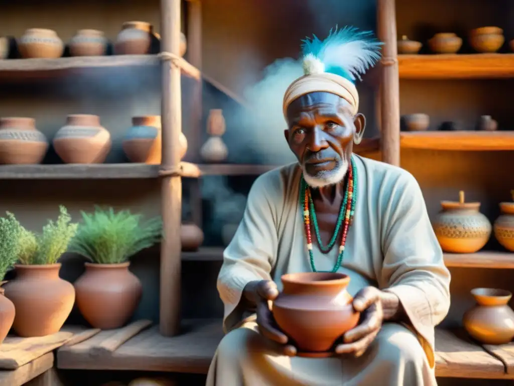 Un anciano sanador africano en una choza iluminada cálidamente, rodeado de hierbas y huesos, portando atuendo tradicional