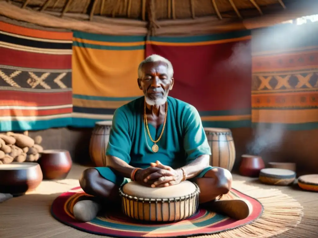 Un anciano sanador africano toca un djembé rodeado de tambores, en una cabaña tradicional con símbolos curativos