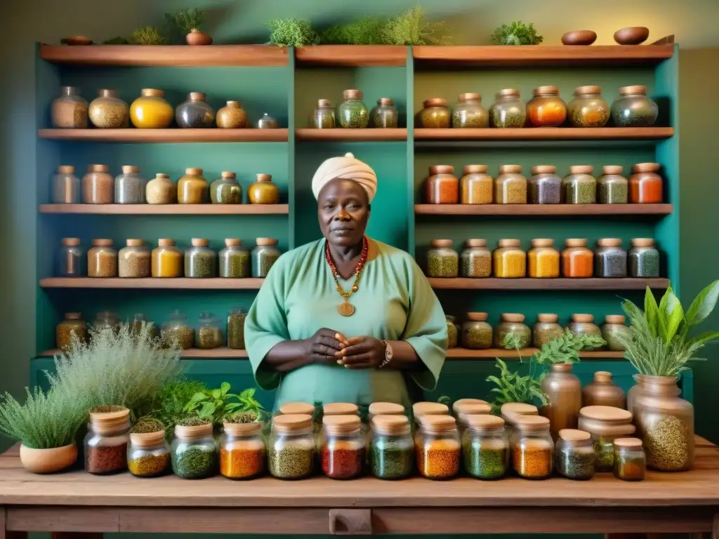 Un anciano sanador africano estudia hierbas en una mesa de madera con luz dorada