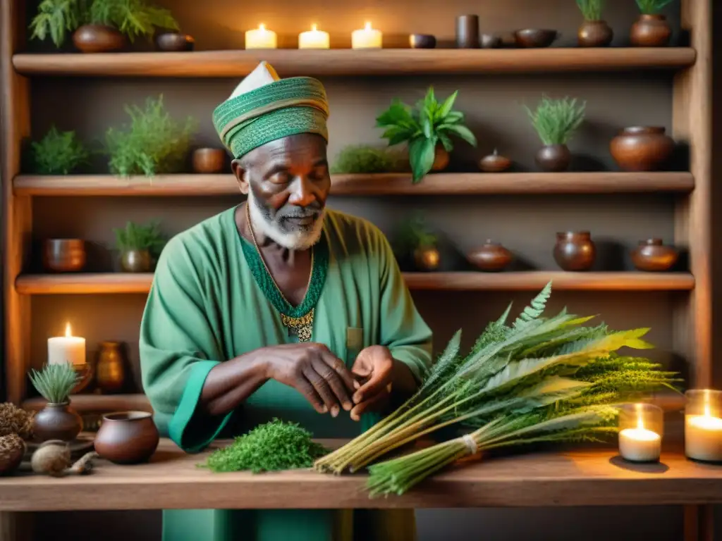 Un anciano sanador africano selecciona hierbas verdes en un rincón lleno de plantas y raíces secas