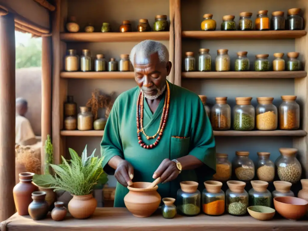 Un anciano sanador africano prepara hierbas en su tienda de medicina tradicional africana, creando una atmósfera mística