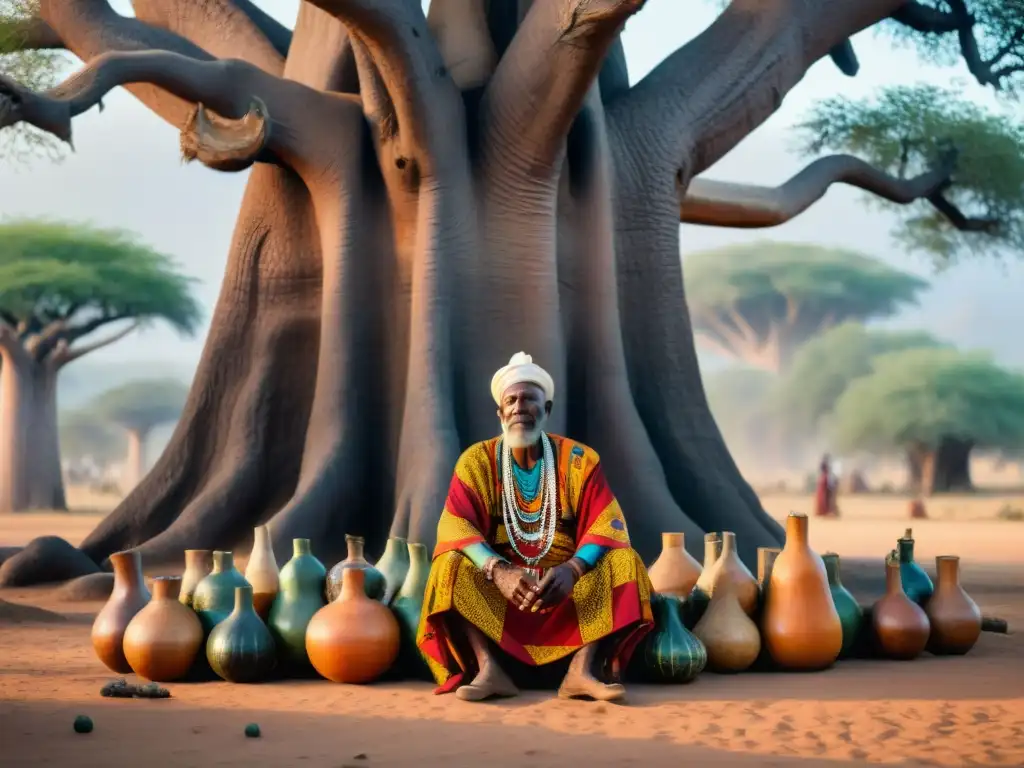 Un anciano sanador africano mezcla hierbas bajo un baobab, rodeado de arte y atención global