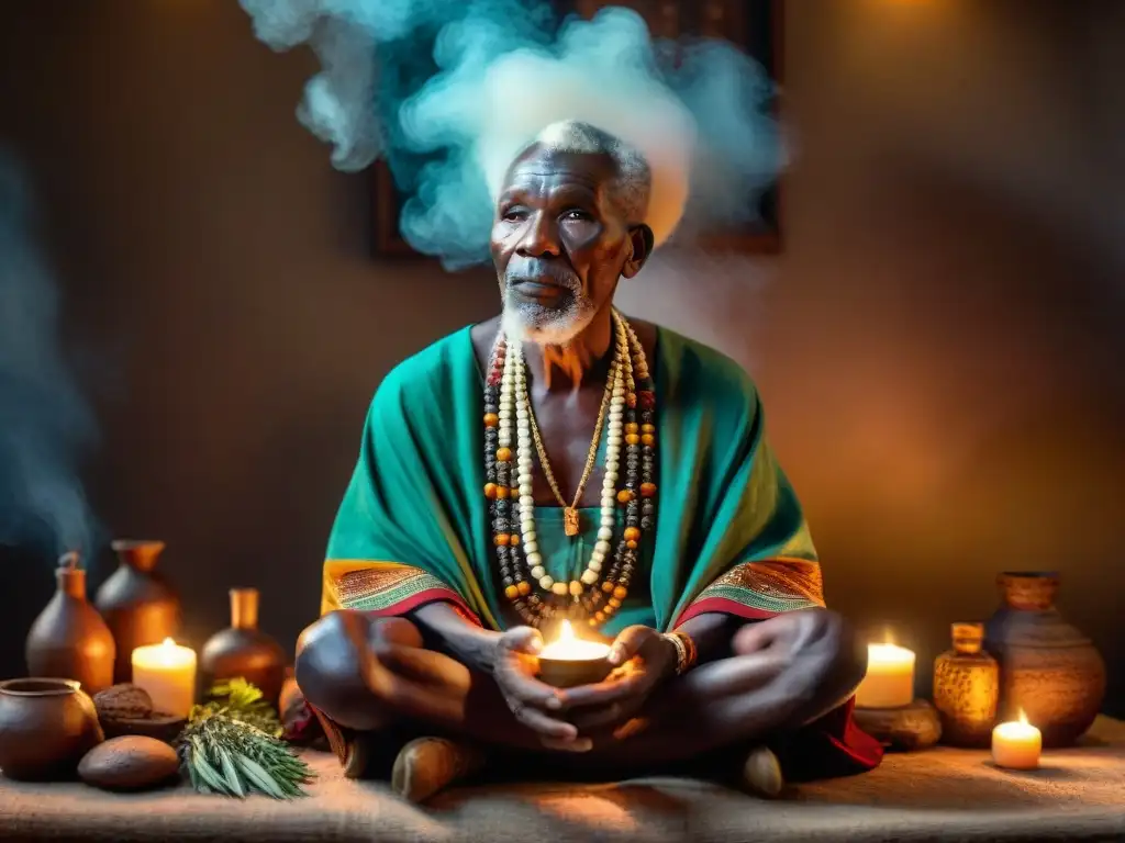 Un anciano sanador africano explica medicina tradicional a jóvenes en una habitación misteriosa iluminada por velas